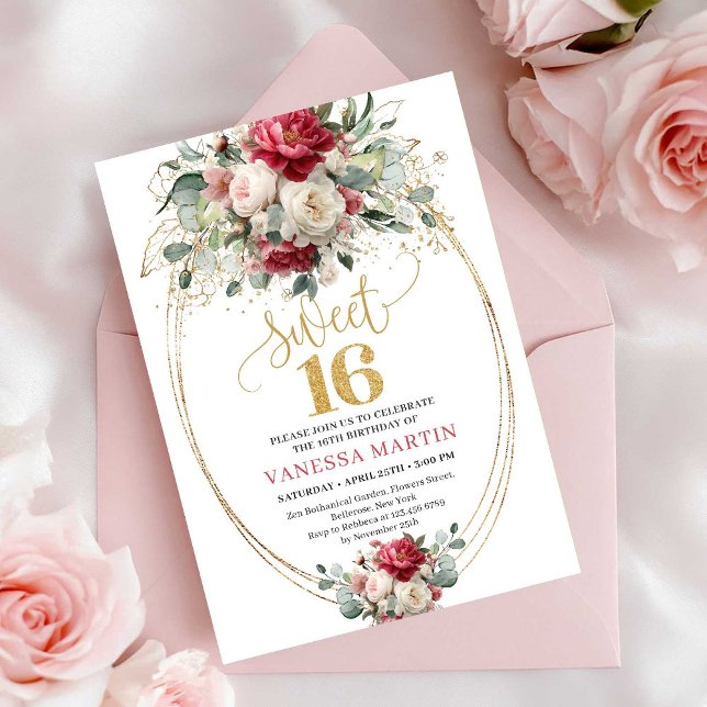 Invitación Boho Chic Rojo Blanco Dorado Floral Dulces 16 Cump (Chic Red White Gold Floral Sweet 16 Birthday Invite)
