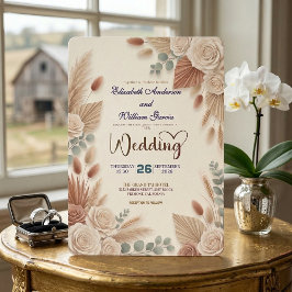 Invitación Boho Chic Roses Pampas Grass Wedding