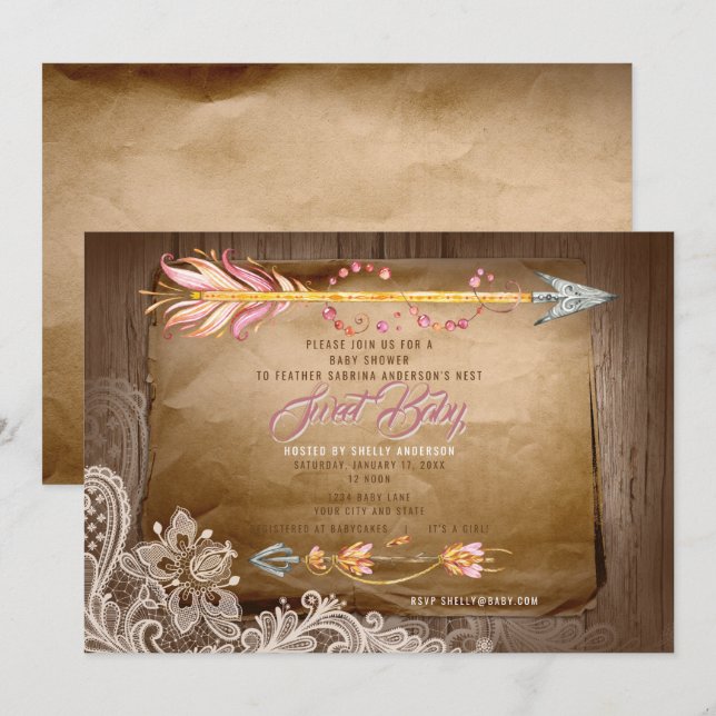Invitación BOHO: Chica de plumas tribales y encaje Baby Showe (Anverso / Reverso)