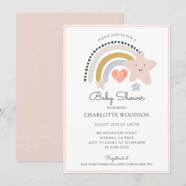 Invitación Boho Chica del corazón rosado arcoiris Baby Shower (Anverso / Reverso)