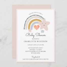 Invitación Boho Chica del corazón rosado arcoiris Baby Shower