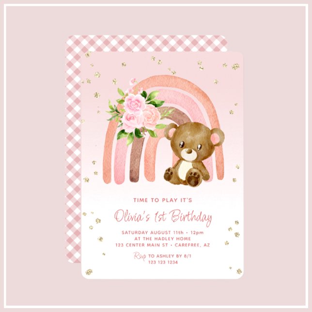 Invitación Boho Chica del oso arcoiris 1 cumpleaños (Subido por el creador)