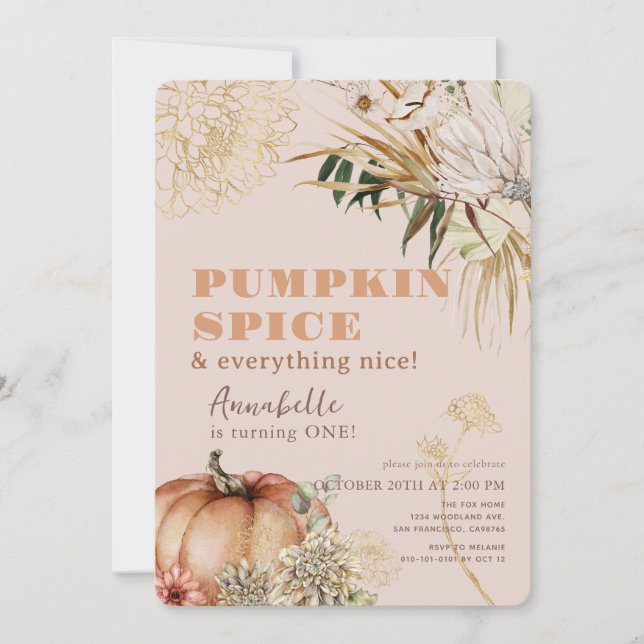Invitación Boho Chica rosa floral de calabaza  de primer cump (Anverso)