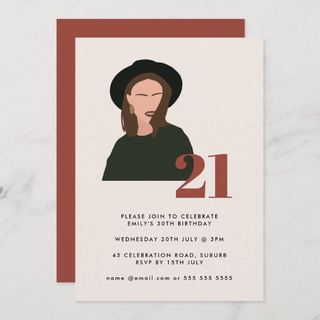 Invitación Boho Chica Terracotta Minimalista 21º cumpleaños (Anverso / Reverso)