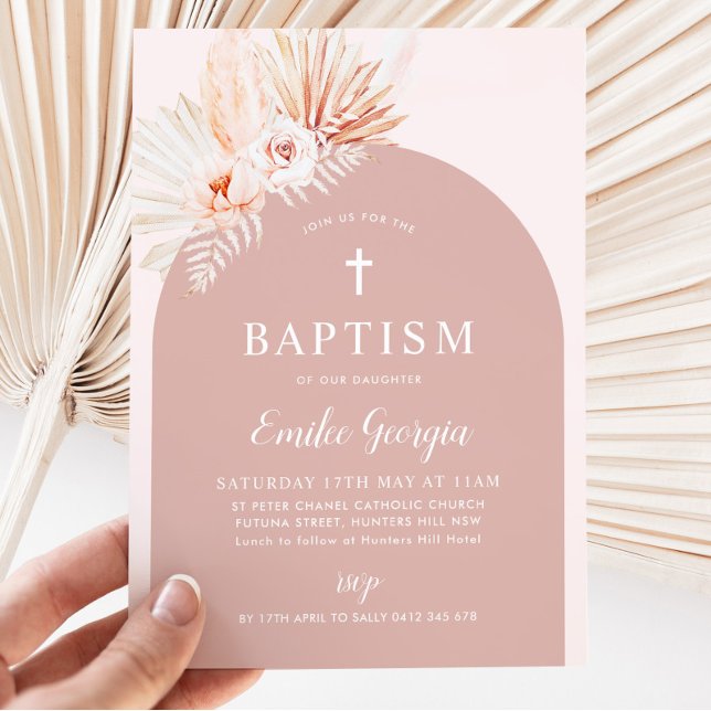 Invitación Boho Chicas de flores rosas bautizan bautismo cris (Pink Floral Baptism Invitation)