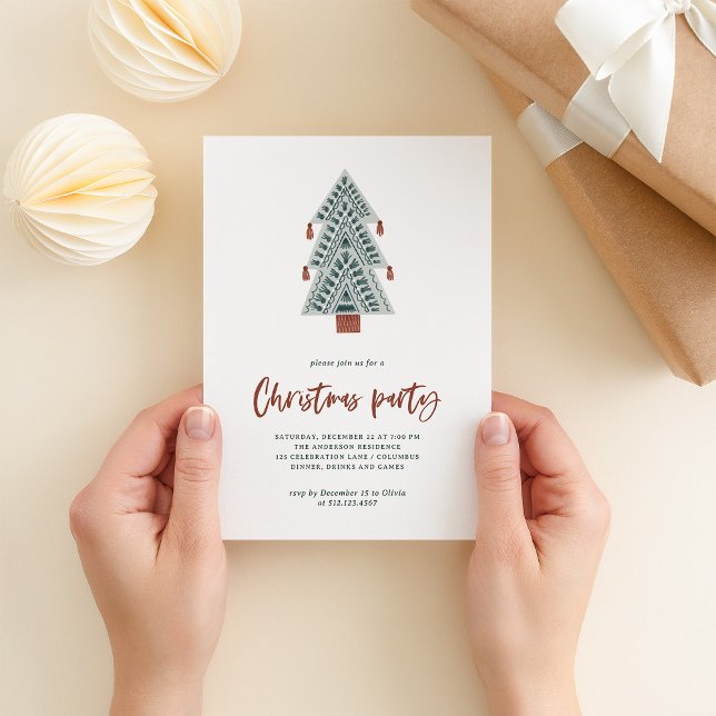 Invitación Boho Christmas Tree | Fiesta de Navidades (A fun and trendy Christmas party invitation with a boho Christmas tree and casual terracotta script)