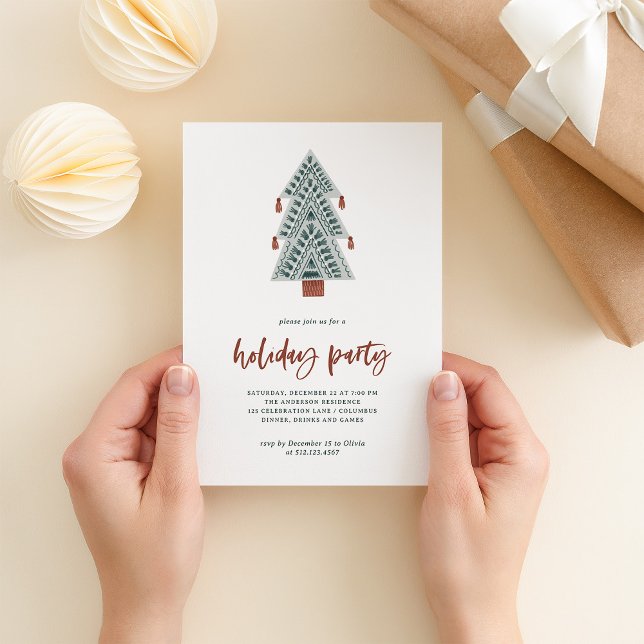 Invitación Boho Christmas Tree | Fiesta de vacaciones (A fun and trendy holiday party invitation with a boho Christmas tree and casual terracotta script)