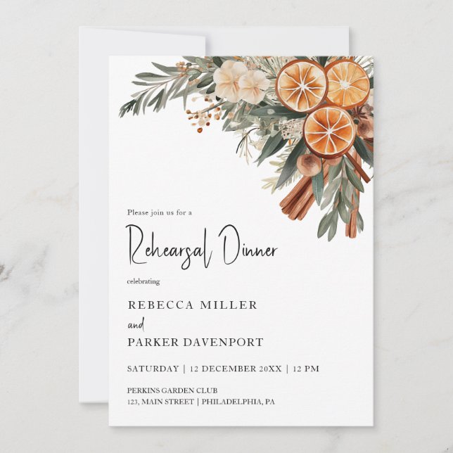 Invitación Boho Círculo de invierno naranja seco Ensayo Cena (Anverso)