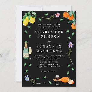 Invitación Boho Cítrico y Vino Boda en Blanco y Negro