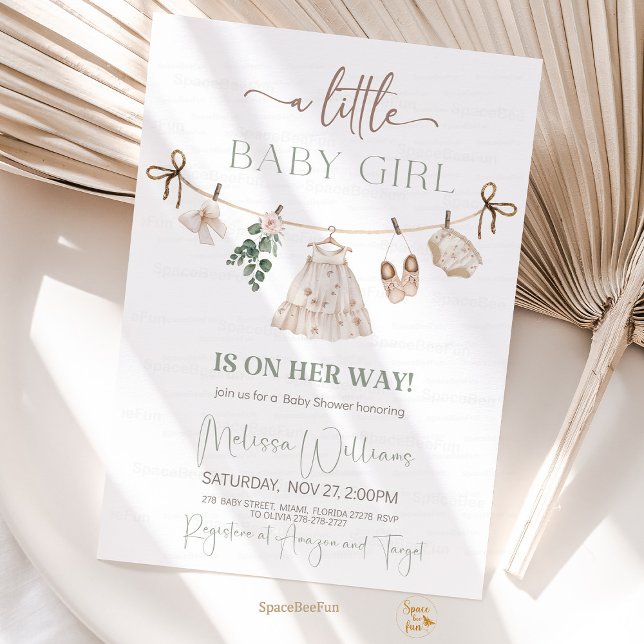 Invitación Boho Clothes Baby Shower (boho baby shower invitation, sage green baby shower, baby girl shower invite, boho baby clothes them)