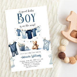 Invitación Boho Clothesline Blue Sweet Boy Baby Shower