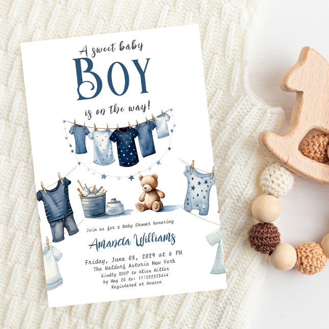 Invitación Boho Clothesline Blue Sweet Boy Baby Shower (Subido por el creador)