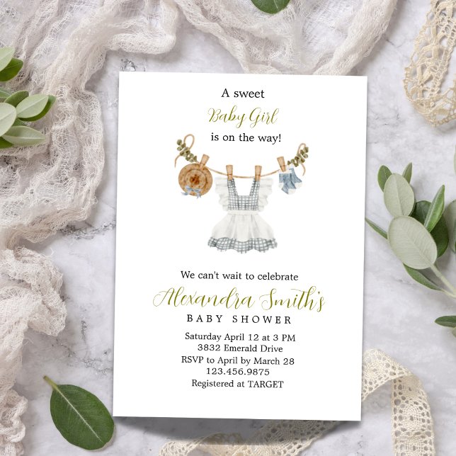 Invitación Boho Clothesline Chica azul blanco y verde (Subido por el creador)