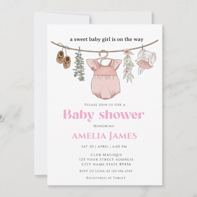 Invitación Boho Clothesline Chica Baby Clothes Baby Shower (Anverso)