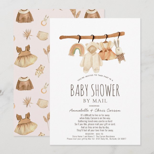 Invitación Boho Clothesline Chica Baby Shower por correo (Anverso / Reverso)