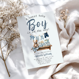 Invitación Boho Clothesline Sweet Blue Boy Baby Shower