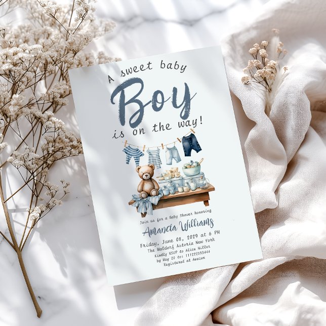 Invitación Boho Clothesline Sweet Blue Boy Baby Shower (Subido por el creador)