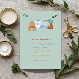 Invitación Boho clothline boy color agua pastel ducha bebé