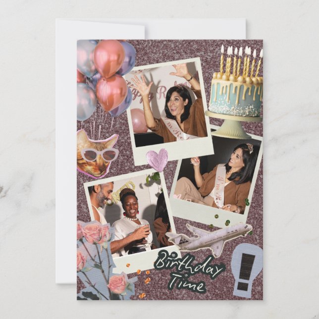 Invitación Boho Collage de fotos Personalizado moderno Cumple (Anverso)