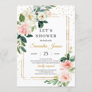 Invitación Boho color rosa rosa floral y dorado geométrico no