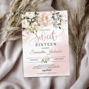 Invitación Boho color rosa rosa hojas de oro floral dulce die