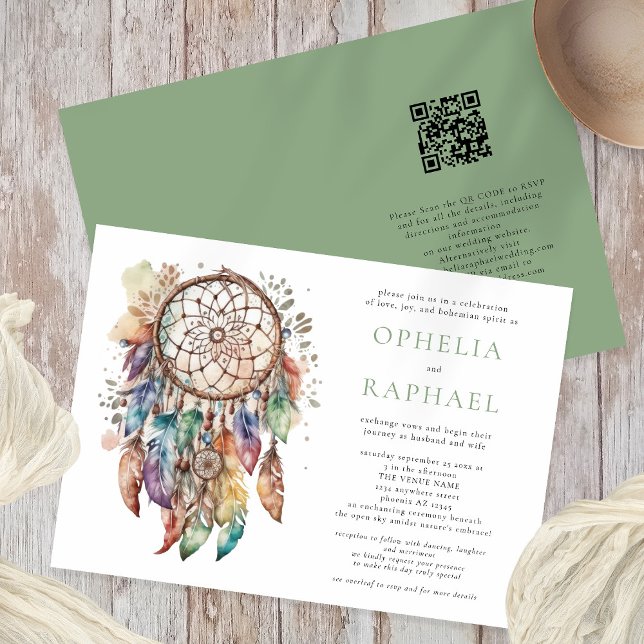 Invitación Boho Colorful Dreamcatcher Bohemian Boda Sage (Front and back view)