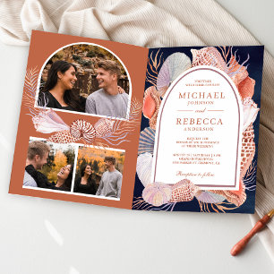 Invitación Boho Conchas Náuticas Azul Marino Código QR Boda