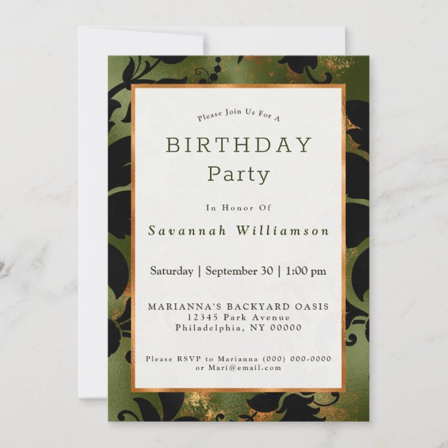 Invitación Boho Copper Black Green Floral Birday (Anverso)