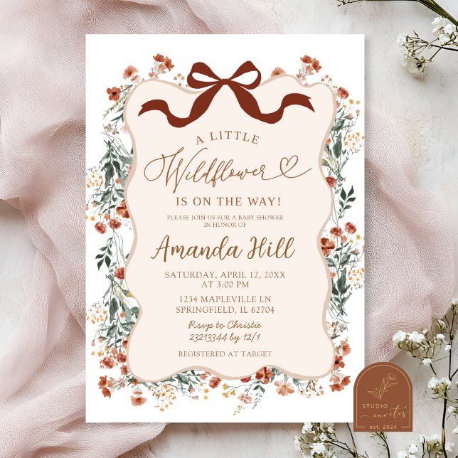Invitación Boho Coquette Bow Wildflower Baby Shower (Subido por el creador)