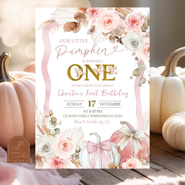 Invitación Boho Coquette Calabaza Rosada Primer Cumpleaños (Subido por el creador)