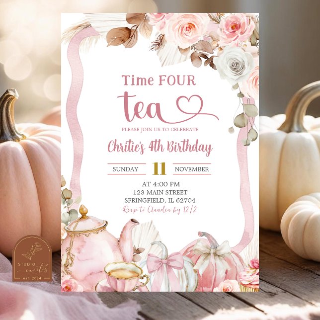 Invitación Boho Coquette Pink Time CUATRO té Cumpleaños (Subido por el creador)