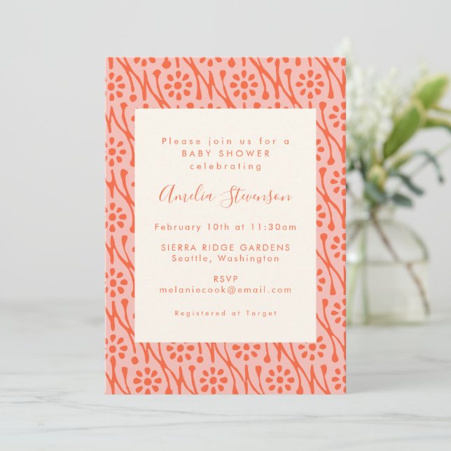 Invitación Boho Coral Naranja Flores Botánicas Baby Shower (Anverso de pie)