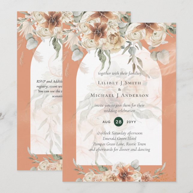 Invitación Boho Coral Terracotta Pampas Grass Boda (Anverso / Reverso)
