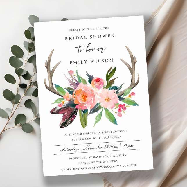 INVITACIÓN BOHO COUNTRY RUBOR ANTLER FLORAL BRIDAL SHOWER (Subido por el creador)