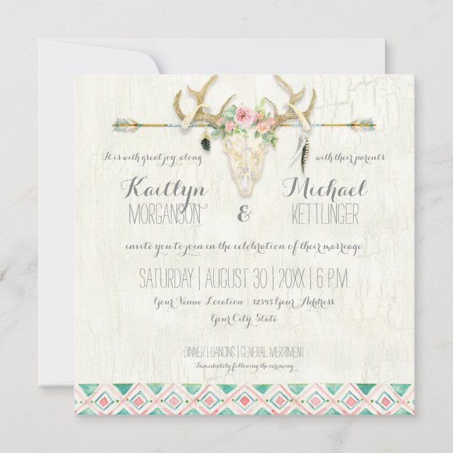 Invitación BOHO Country Rústico Floral Deer Skull Antler Arro (Anverso)