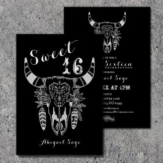 Invitación Boho Cow Skull Black and White Sweet 16 Cumpleaños