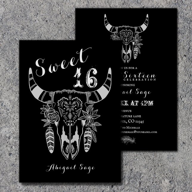 Invitación Boho Cow Skull Black and White Sweet 16 Cumpleaños (Subido por el creador)