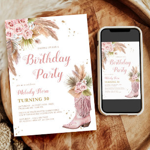 Invitación Boho Cowgirl Boot Pampas Grass Rosas 30 cumpleaños
