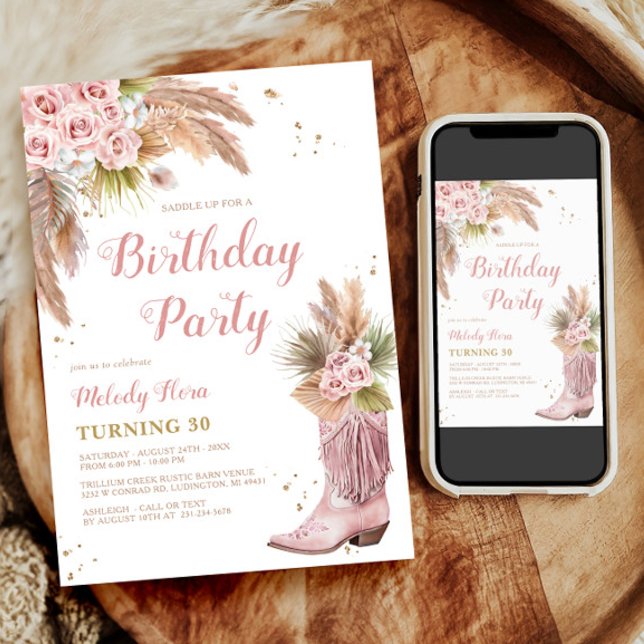 Invitación Boho Cowgirl Boot Pampas Grass Rosas 30 cumpleaños (Boho Cowgirl Boot Pampas Grass Roses 30th Birthday Invitation)