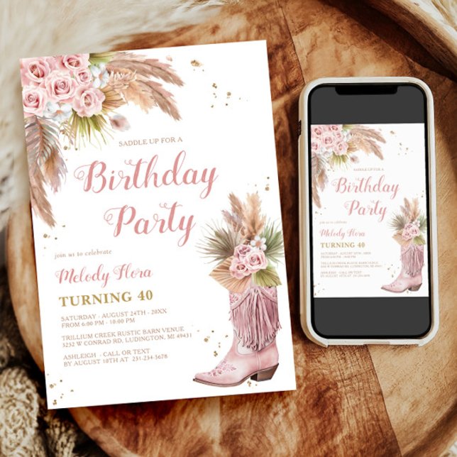 Invitación Boho Cowgirl Boot Pampas Grass Rosas 40 cumpleaños (Boho Cowgirl Boot Pampas Grass Roses 40th Birthday Invitation)