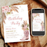 Invitación Boho Cowgirl Boot Pampas Grass Rosas 50 cumpleaños<br><div class="desc">Invite a sus huéspedes a ponerse en forma con nuestra suite de invitaciones a bocas rosadas, una perfecta combinación de encanto rústico y elegancia bohemia. Con una caprichosa bota rosa pastel adornada con delicadas rosas rosas rosas, palmeras exuberantes y pasto de pampas a la moda, esta colección exuda la moda...</div>