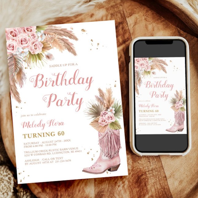 Invitación Boho Cowgirl Boot Pampas Grass Rosas 60 cumpleaños (Boho Cowgirl Boot Pampas Grass Roses 60th Birthday Invitation)