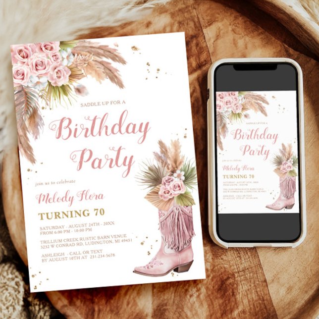 Invitación Boho Cowgirl Boot Pampas Grass Rosas 70 cumpleaños (Boho Cowgirl Boot Pampas Grass Roses 70th Birthday Invitation)