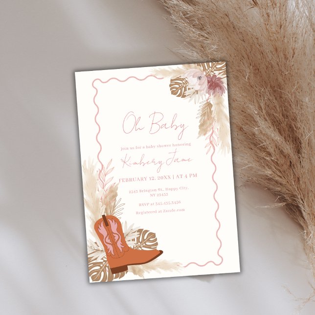 Invitación Boho Cowgirl Boots Pampas Grass Baby Shower (Boho Cowgirl Boots Pampas Grass Baby Shower Invitation)