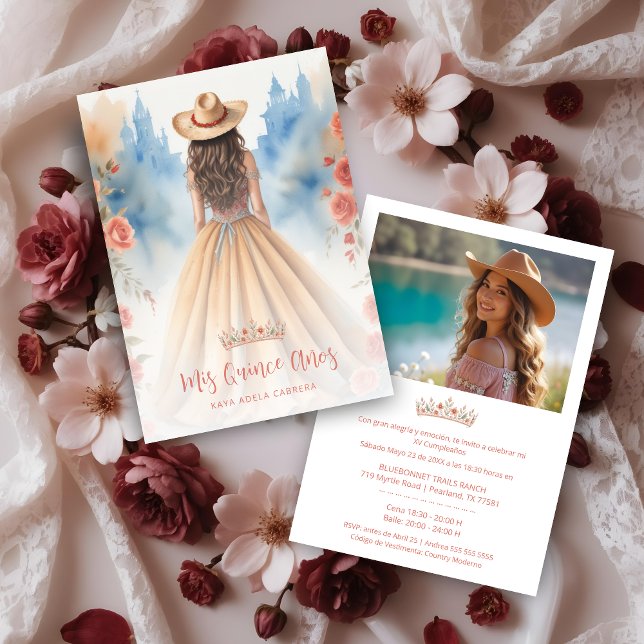 Invitación Boho Cowgirl Charming Quinceañera with Hat  (Boho Cowgirl Charming Quinceañera with Hat Invitation Cards in Spanish with Back Custom Photo.)