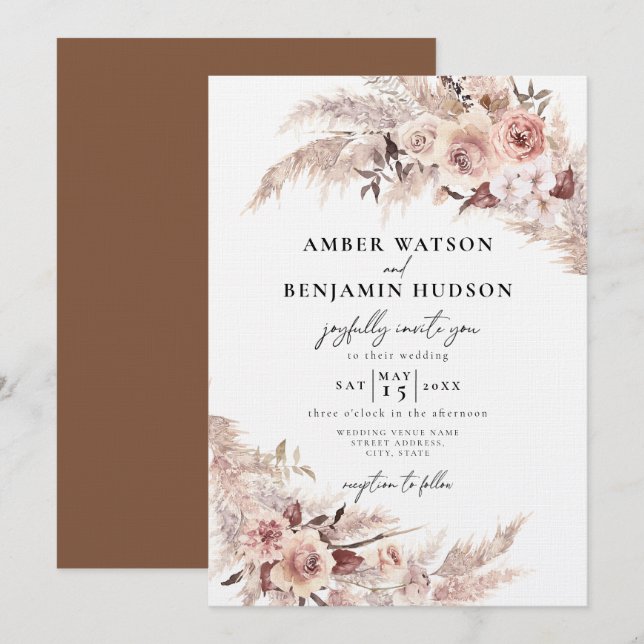 Invitación Boho Cream Beige Pampas Boda Floral Grasado (Anverso / Reverso)