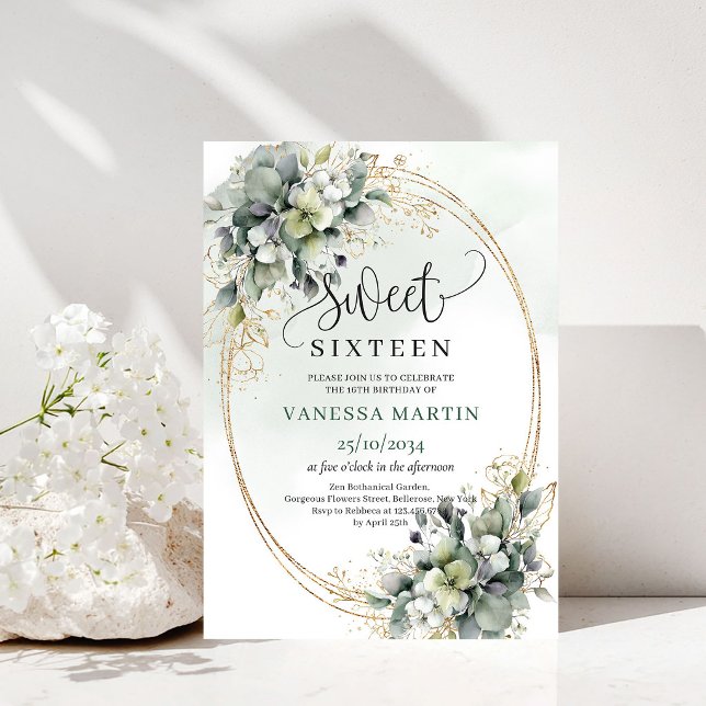 Invitación Boho Cumpleaños Dulces Dieciséis Verde  (Dusty Green Greenery Sweet Sixteen Boho Invitation)