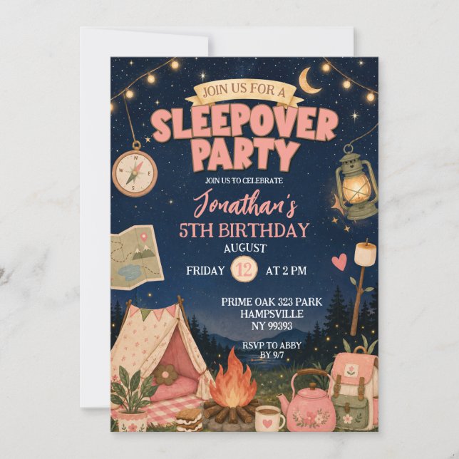 Invitación Boho Cumpleaños Fiesta de pijamas de campamento Ro (Anverso)