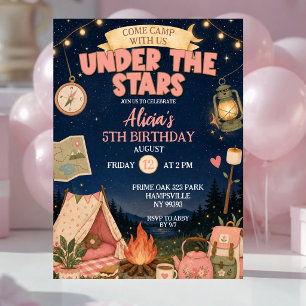 Invitación Boho Cumpleaños Rosa Campamento Bajo Las Estrellas