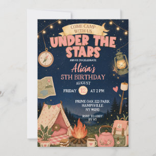 Invitación Boho Cumpleaños Rosa Campamento Bajo Las Estrellas